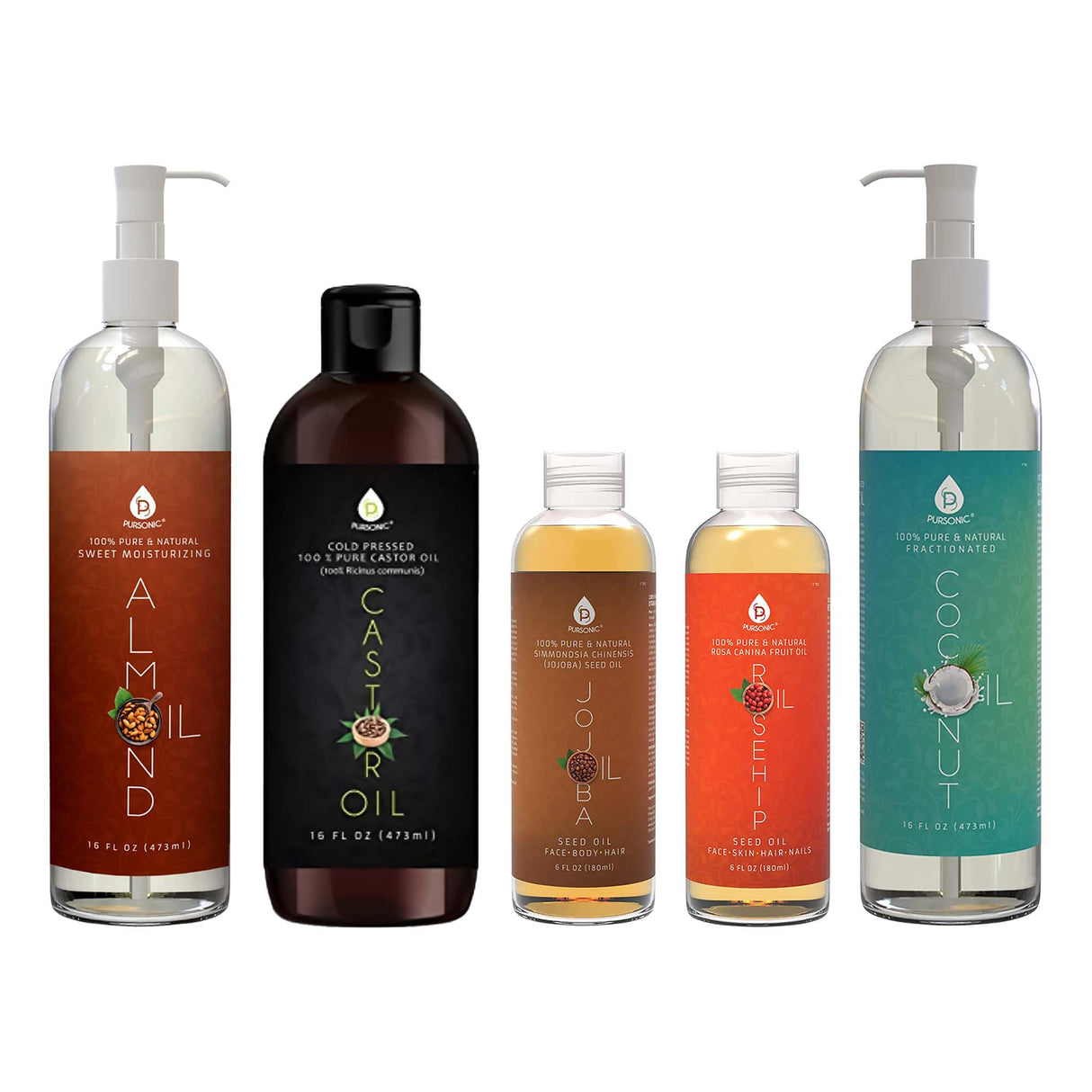 Pursonic Essential Oils & Skin Care Mega Bundle – 100% Pure Golden Jojoba Oil, Rosehip Oil, Sweet Almond Oil, Fractionated Coconut Oil, and Castor Oil by Pursonic