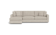 The James 3 Seat Left Chaise 92" Sectional boasts a modern, light beige color and an L-shaped design against a black background. It includes three seat cushions, back cushions, and two square throw pillows for a sleek and comfortable seating arrangement.