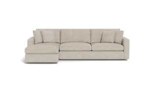 The James 3 Seat Left Chaise 92" Sectional boasts a modern, light beige color and an L-shaped design against a black background. It includes three seat cushions, back cushions, and two square throw pillows for a sleek and comfortable seating arrangement.