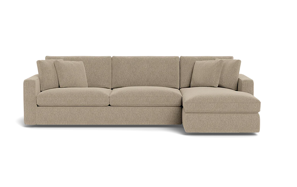 James 3 Seat Left Chaise 92" Sectional on a transparent background, showcasing three cushions and an extended left chaise. The sectional boasts a minimalist and modern design, with cushions that enhance comfort.