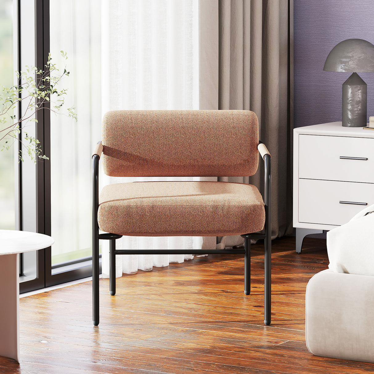 Velvet Upholstered Accent Chair with Cylindrical Backrest and Metal Armrests-Brown