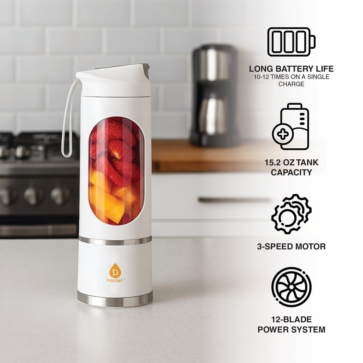 Pursonic USB Portable Juicer & Blender Cup – On-the-Go 12-Blade Smoothie Maker with 3-Speed Motor & USB-C Fast Charging by Pursonic