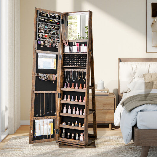 360° Swivel Jewelry Armoire Standing Jewelry Organizer with Full Length Mirror and Back Shelves-Rustic Brown