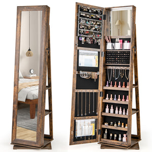 360 ° Swivel Jewelry Armoire Standing Jewelry Organizer with Full Length Mirror and Back Shelves-Rustic Brown