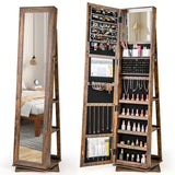 360° Swivel Jewelry Armoire Standing Jewelry Organizer with Full Length Mirror and Back Shelves-Rustic Brown