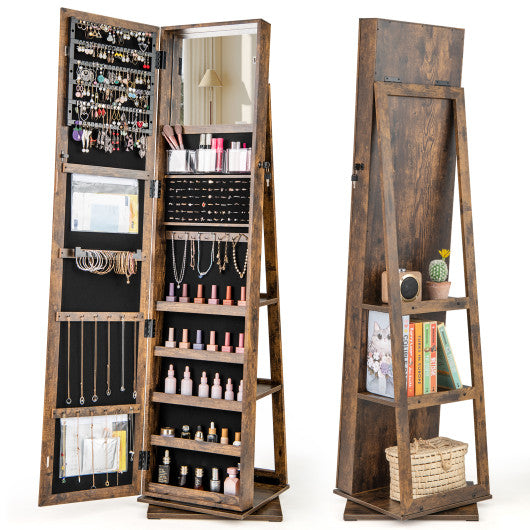 360° Swivel Jewelry Armoire Standing Jewelry Organizer with Full Length Mirror and Back Shelves-Rustic Brown