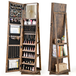 360° Swivel Jewelry Armoire Standing Jewelry Organizer with Full Length Mirror and Back Shelves-Rustic Brown