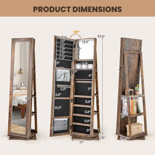 360° Swivel Jewelry Armoire Standing Jewelry Organizer with Full Length Mirror and Back Shelves-Rustic Brown
