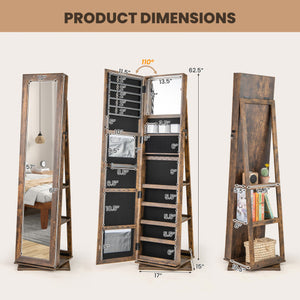 360° Swivel Jewelry Armoire Standing Jewelry Organizer with Full Length Mirror and Back Shelves-Rustic Brown