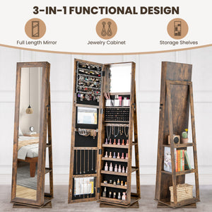 360° Swivel Jewelry Armoire Standing Jewelry Organizer with Full Length Mirror and Back Shelves-Rustic Brown