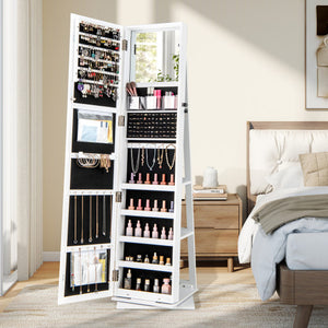 360° Swivel Jewelry Armoire Standing Jewelry Organizer with Full Length Mirror and Back Shelves-White