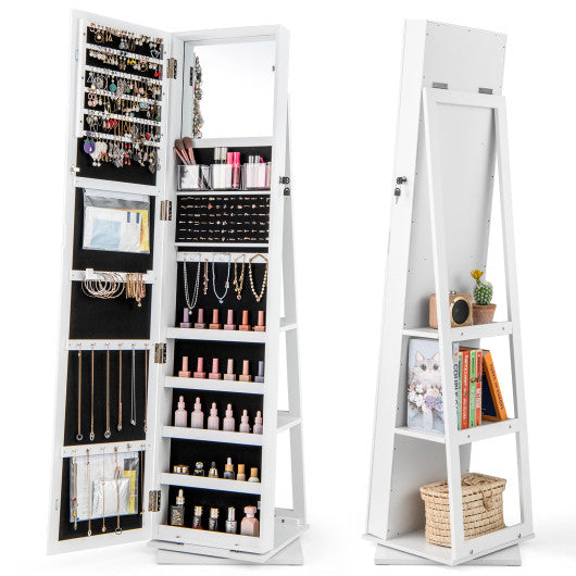 360° Swivel Jewelry Armoire Standing Jewelry Organizer with Full Length Mirror and Back Shelves-White