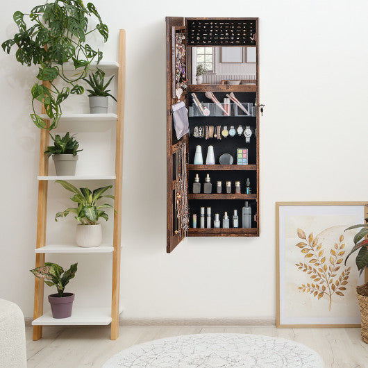 Mirrored Jewelry Armoire with Full Length Mirror and 2 Internal LED Lights-Rustic Brown