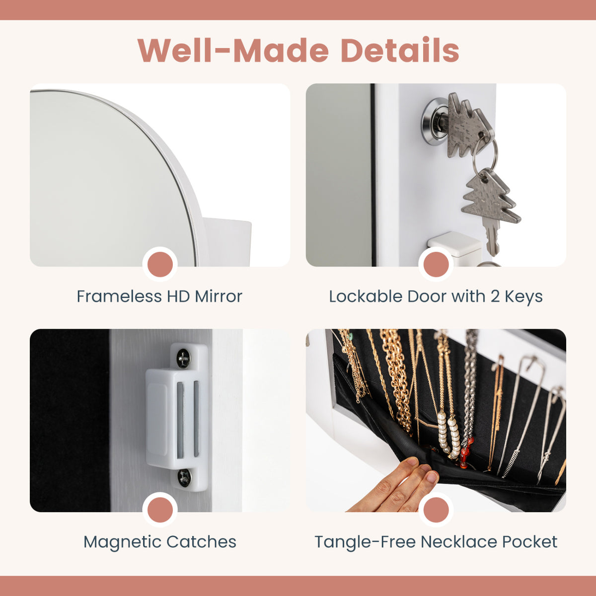 Jewelry Cabinet with Full-Length Mirror Large Storage Capacity-White