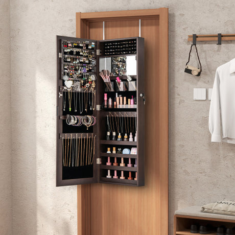 43.5 Inch Jewelry Mirror Cabinet with Full-length Mirror and Adjustable Hangers-Dark Brown
