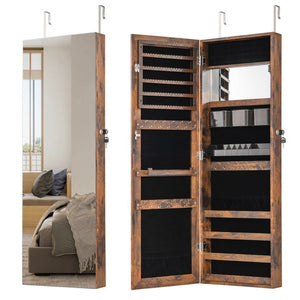 43.5 Inch Jewelry Mirror Cabinet with Full-length Mirror and Adjustable Hangers-Rustic Brown