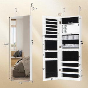 43.5 Inch Jewelry Mirror Cabinet with Full-length Mirror and Adjustable Hangers-White