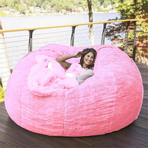 Giant Bean Bag Chair Cover(No Filler)Oversized Round Soft Fluffy PV Velvet Washable Lazy Sofa Bean Bag Bed Cover for Adults Living Room Bedroom Furniture Outside Cover (Pink 5FT)