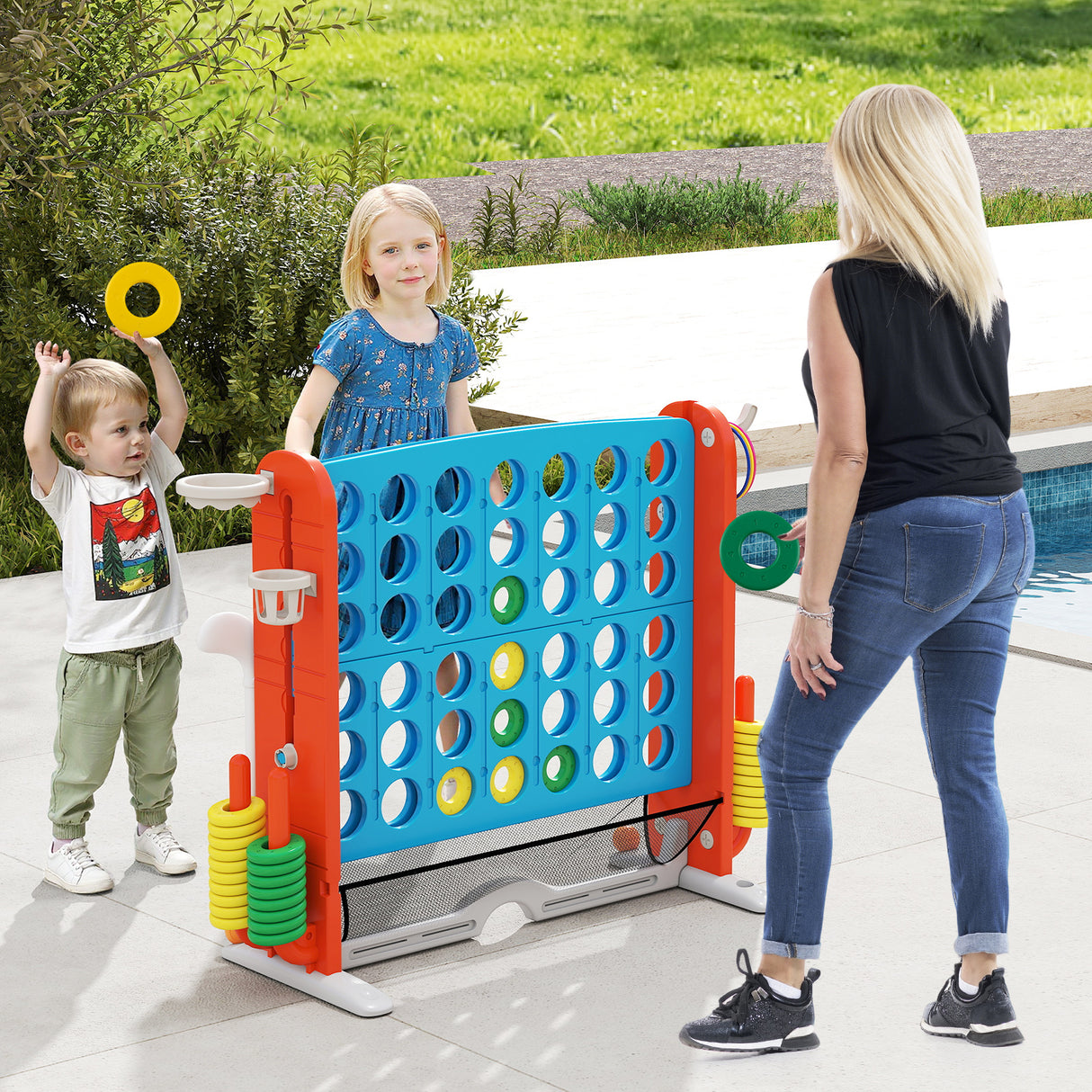 Jumbo 4-to-Score Game with Ring-toss and Basketball Hoop-Blue & Orange
