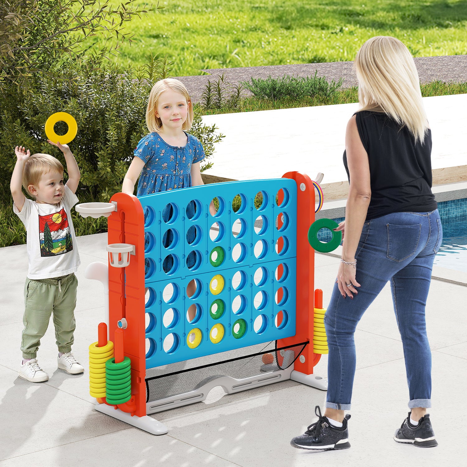 Jumbo 4-to-Score Game with Ring-toss and Basketball Hoop-Blue & Orange