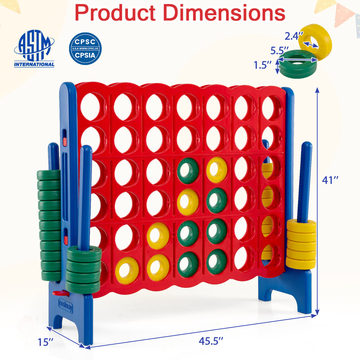 Jumbo 4-to-Score Game Set for Kids and Adults 3.5FT Tall by 4FT Wide Oversized Family Fun Game-Blue