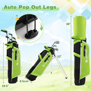 Junior Complete Golf Club Set with Stand Bag Rain Hood-Green