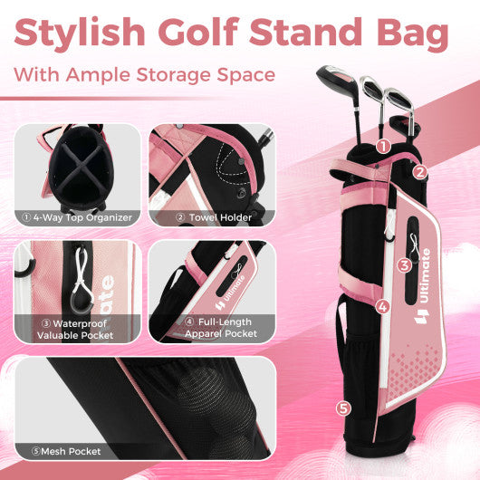 Junior Complete Golf Club Set for Kids with Rain Hood Right Hand Children Golf Age 8-10 Years Old-Pink