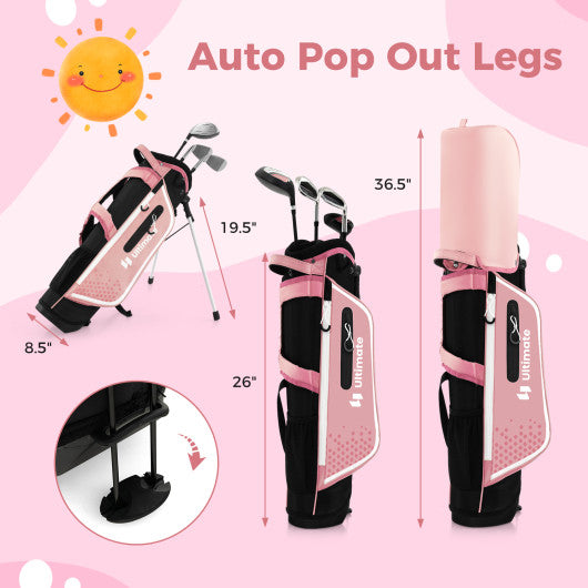 Junior Complete Golf Club Set for Kids with Rain Hood Right Hand Children Golf Age 8-10 Years Old-Pink