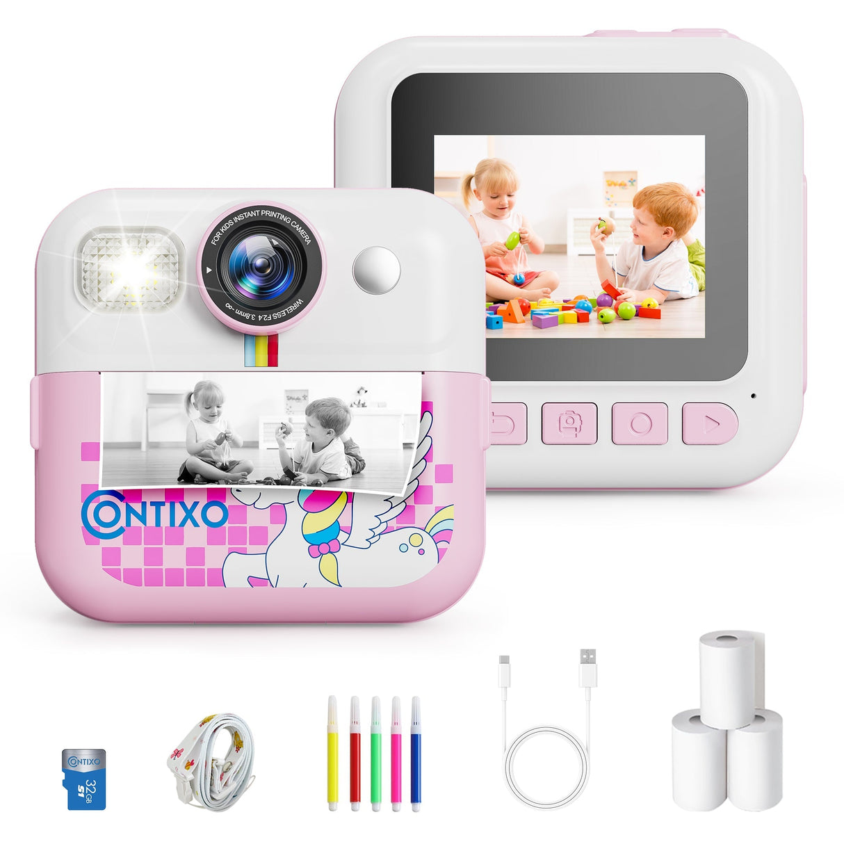 Contixo Kids Instant Print Camera, HD 1080P Digital Camera with 3 Rolls of Paper & 32G Card, 16X Zoom, Games & MP3, Ages 3-12 by Contixo