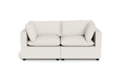The Kova Pillow Cushion Sofa 86" is a modern, light beige two-seater with square armrests and plush cushions, shown from the front against a plain black background.