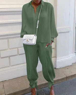 New Women's Wrinkle-Effect Long Sleeve Shirt Set