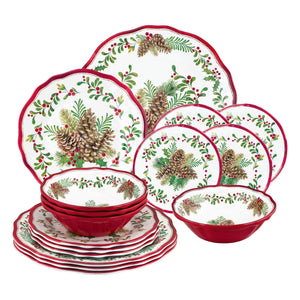 UPware 16-Piece Melamine Dinnerware Set Includes Dinner Plates Salad Plates Dessert Plates Bowls Service for 4 (Pinecones)