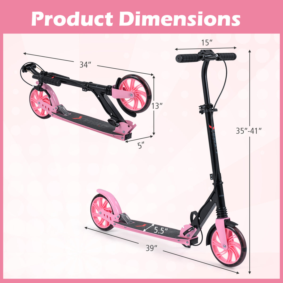 Kick Scooter for Kids Teens Adults Age 8+ Foldable Scooter with Large Light-up Wheels-Pink