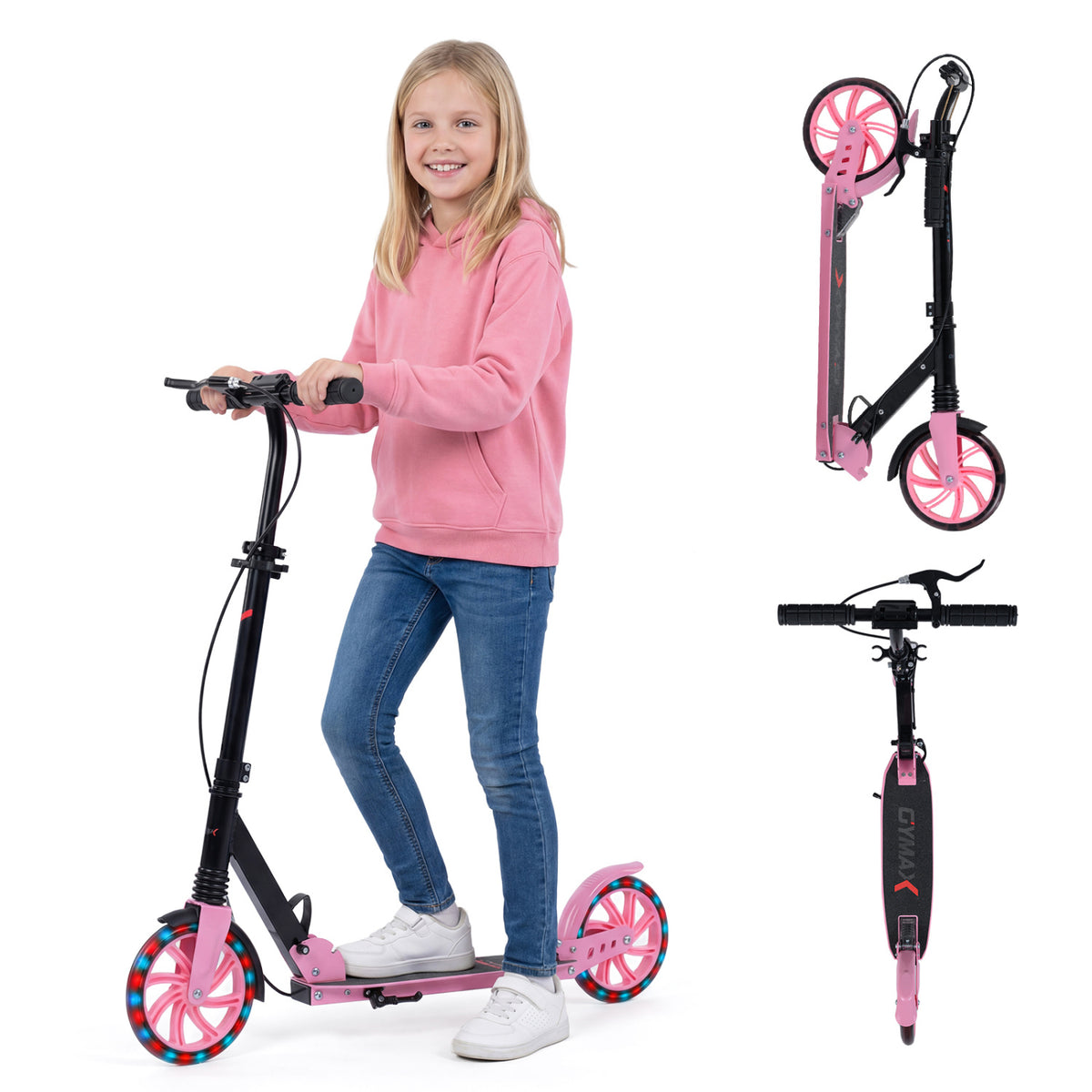 Kick Scooter for Kids Teens Adults Age 8+ Foldable Scooter with Large Light-up Wheels-Pink