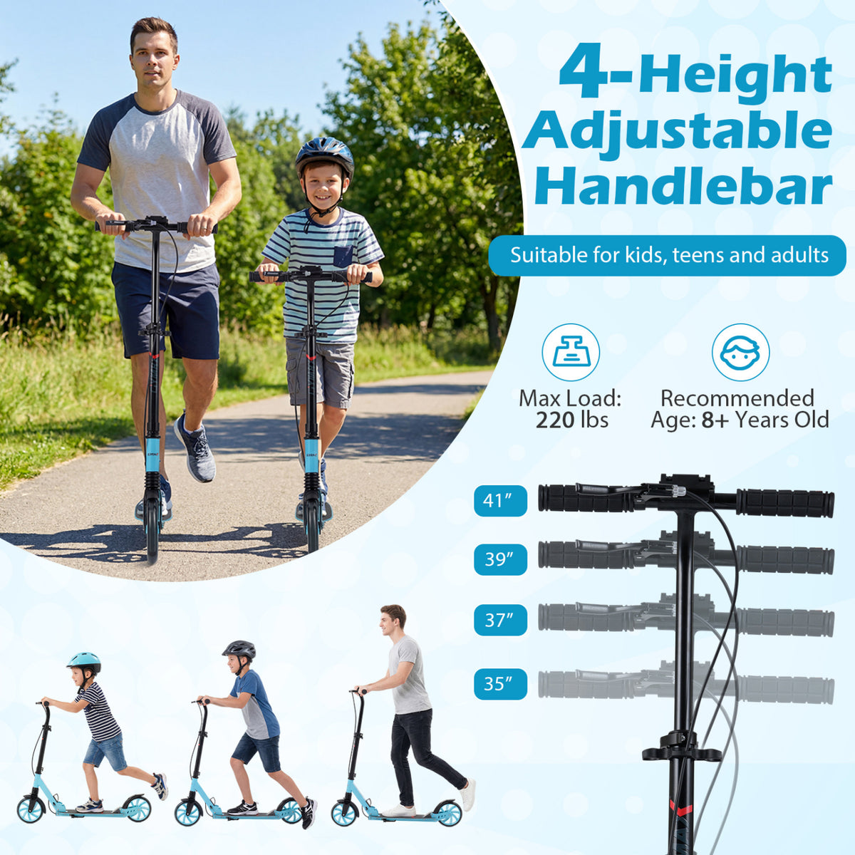 Kick Scooter for Kids Teens Adults Age 8+ Foldable Scooter with Large Light-up Wheels-Blue