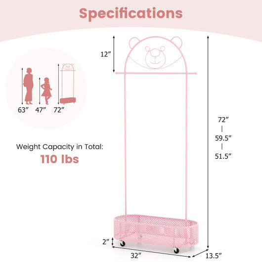 Kid Clothes Rack with 3 Adjustable Heights and Wheels-Pink