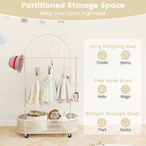 Kid Clothes Rack with 3 Adjustable Heights and Wheels-White