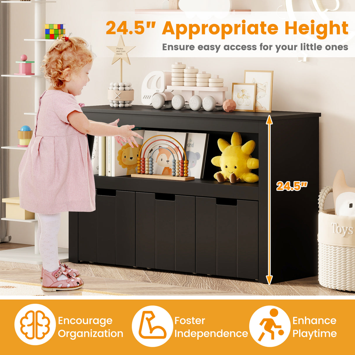 Kid Toy Storage Cabinet Drawer Chest with Wheels and Large Storage Cube Shelf-Black
