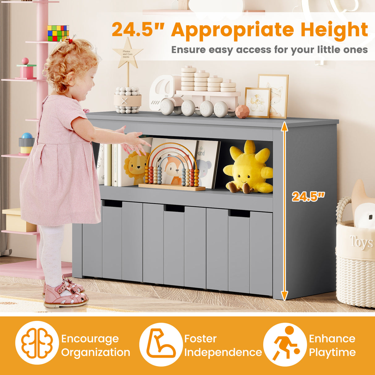 Kid Toy Storage Cabinet Drawer Chest with Wheels and Large Storage Cube Shelf-Gray
