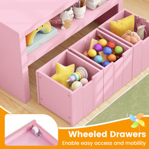 Kid Toy Storage Cabinet Drawer Chest with Wheels and Large Storage Cube Shelf-Pink
