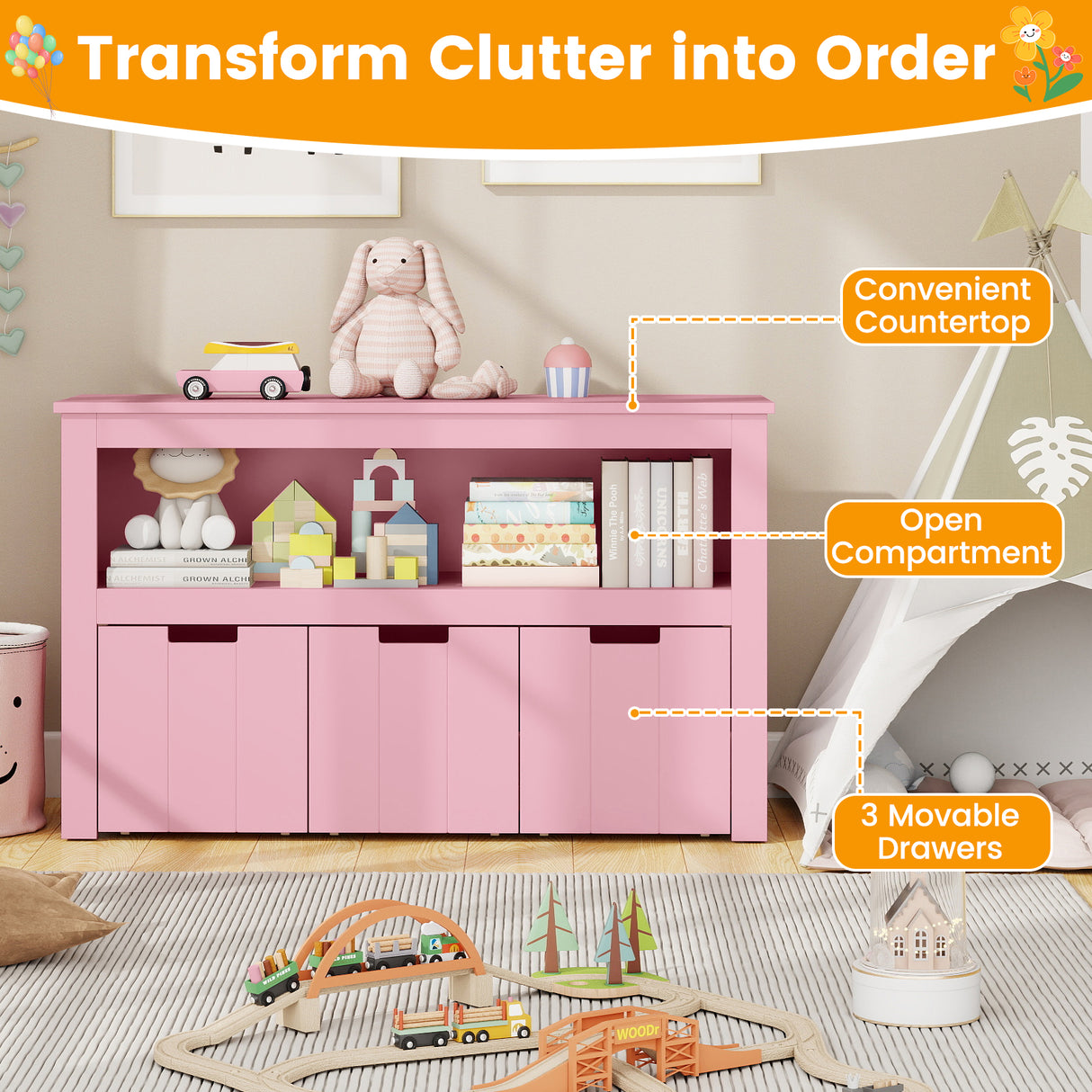 Kid Toy Storage Cabinet Drawer Chest with Wheels and Large Storage Cube Shelf-Pink