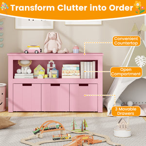 Kid Toy Storage Cabinet Drawer Chest with Wheels and Large Storage Cube Shelf-Pink