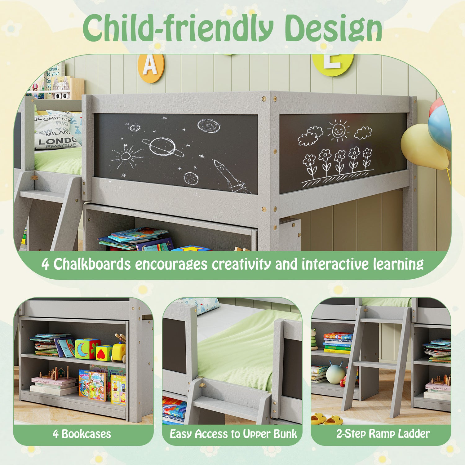 Kid Twin Size Low Loft Bed with Chalkboard Ramp Ladder and Bookcases-Gray