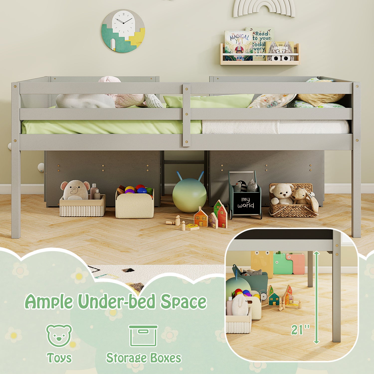 Kid Twin Size Low Loft Bed with Chalkboard Ramp Ladder and Bookcases-Gray