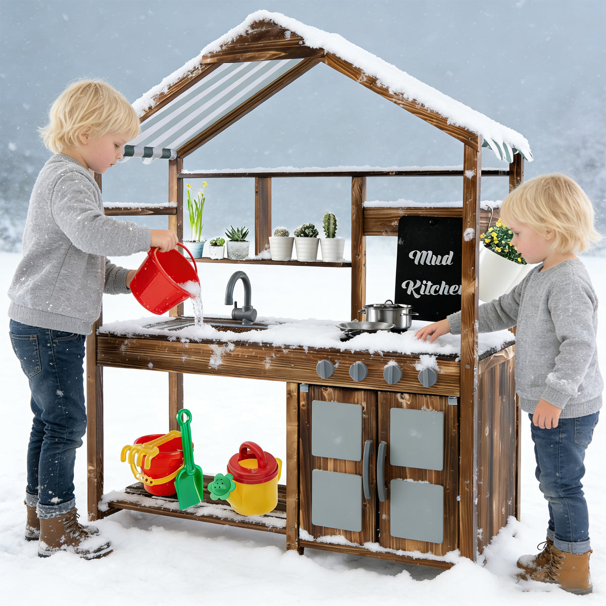 Kid's Mud Kitchen Outdoor Solid Wood Mud Kitchen with Canopy-Natural