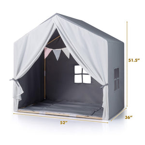 Kid's Play Tent with Washable Cotton Mat and Flag Banner-Gray