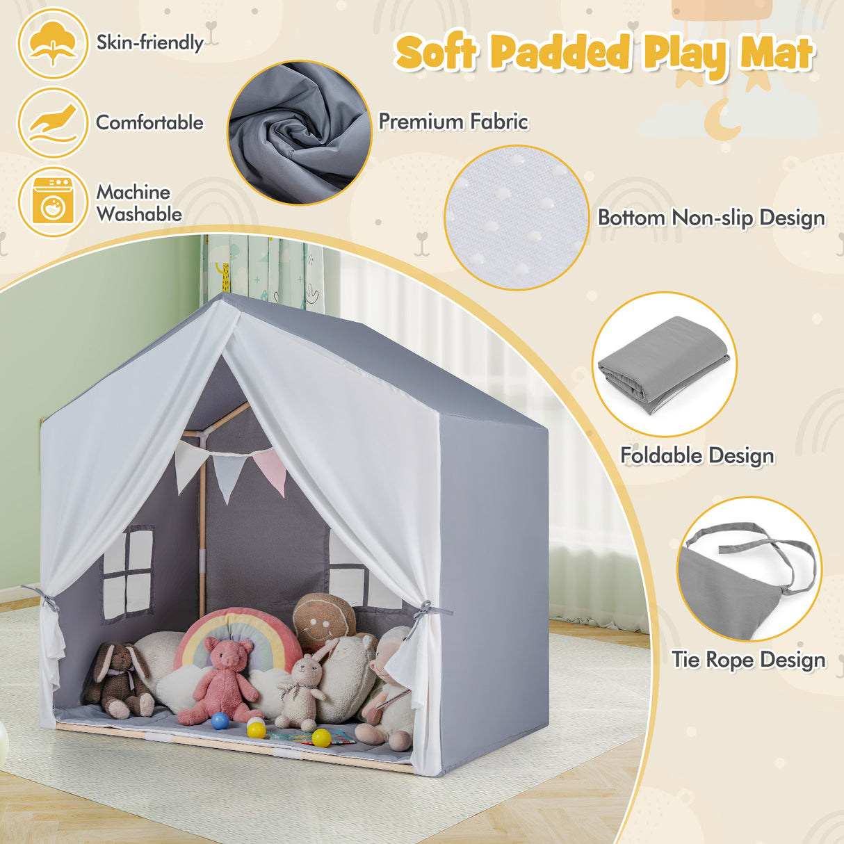 Kid's Play Tent with Washable Cotton Mat and Flag Banner-Gray