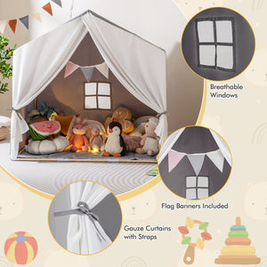 Kid's Play Tent with Washable Cotton Mat and Flag Banner-Gray