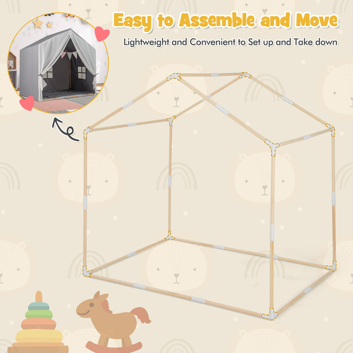 Kid's Play Tent with Washable Cotton Mat and Flag Banner-Gray