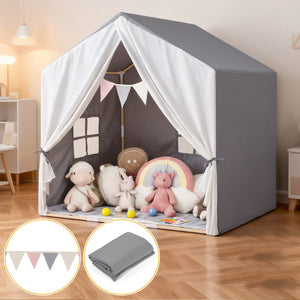 Kid's Play Tent with Washable Cotton Mat and Flag Banner-Gray
